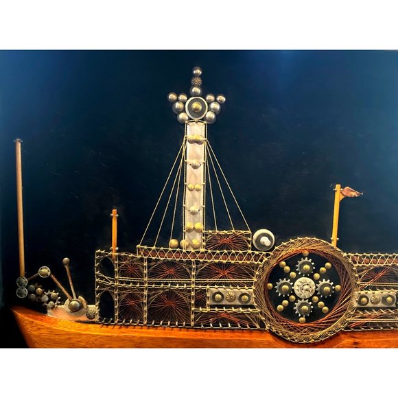 Vtg Velvet Steamboat Wire String Art Steam Punk Shadow Box Framed 70's - Picture 5 of 7